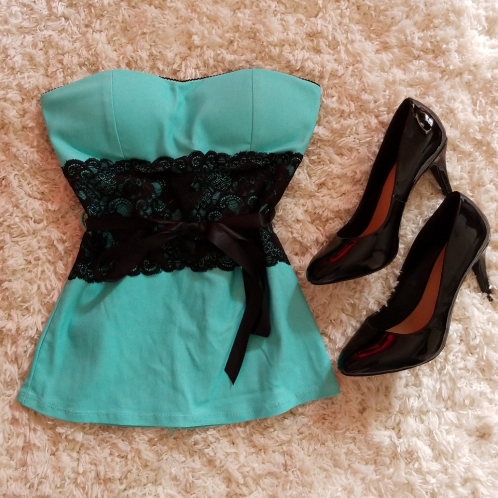 Baby blue blouse with lace/tie waist